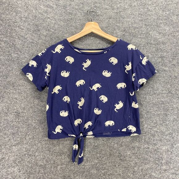 Forever 21 Top Women M Medium Blue Short Sleeve Cropped Tie Up Elephant Print - Picture 1 of 8